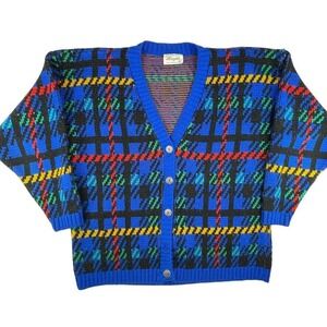 Vintage Margules 80s cardigan sweater blue plaid multi color Large fit